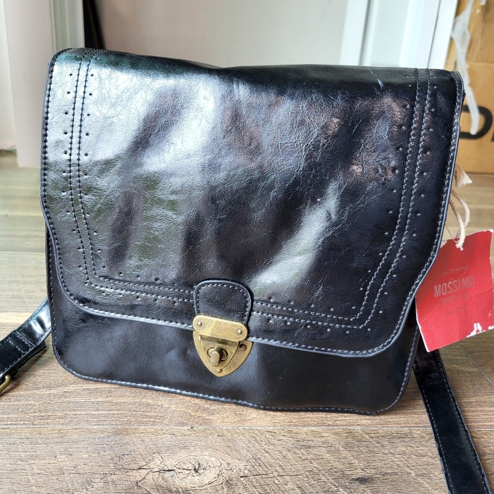 Mossimo Black Faux Leather Crossbody Satchel Bag Brogue Detail Vintage Style NWT